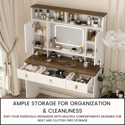 Farmhouse Dressing Table with Lighted Mirror, Adjustable Lighting, and Storage - LP Replenish