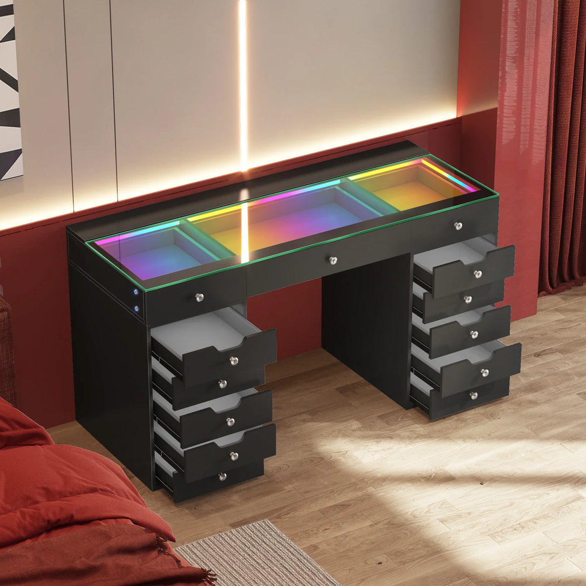 VanitiBar Pro Gleam | 13 Drawer Desk with Lighted Drawers & RGB Lights