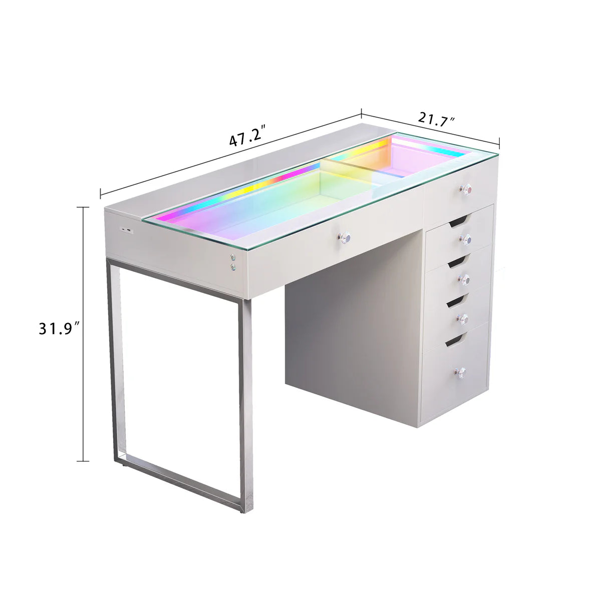 VanitiBar Halo | Glass Top Vanity Desk, Diamond Knobs & Storage
