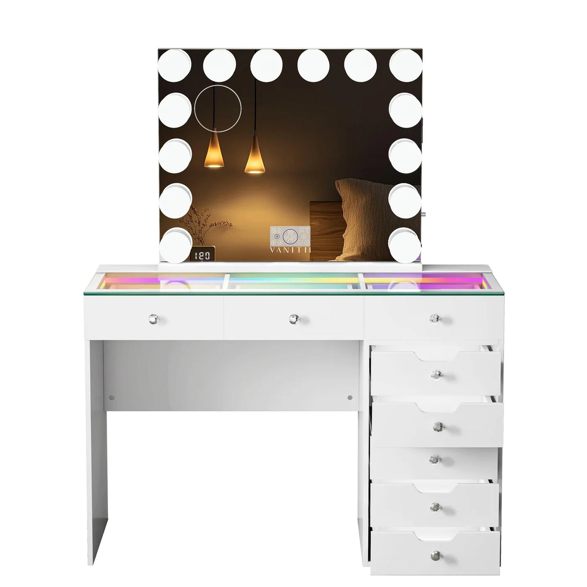 VanitiSet Pixie Gleam | 8 Drawer Desk with Lighted Drawers & 14 Bulb Mirror