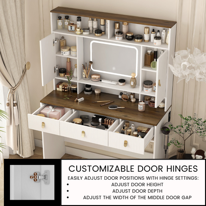 Farmhouse Dressing Table with Lighted Mirror, Adjustable Lighting, and Storage - LP Replenish