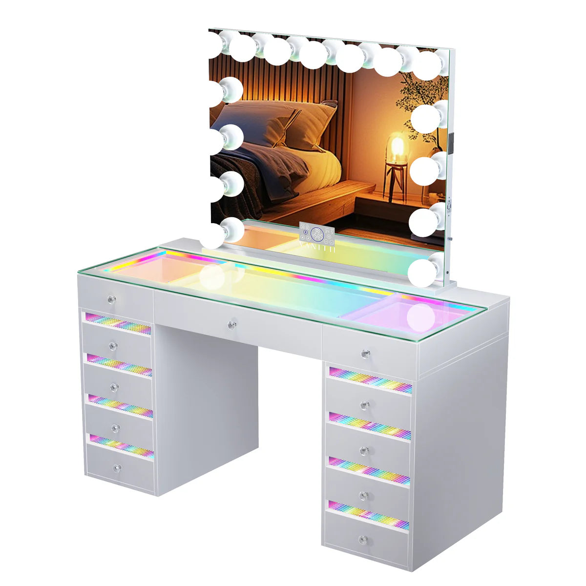 VanitiSet Solara | Modern Vanity Desk With Mirror, RGB Lights & Glass Top Storage