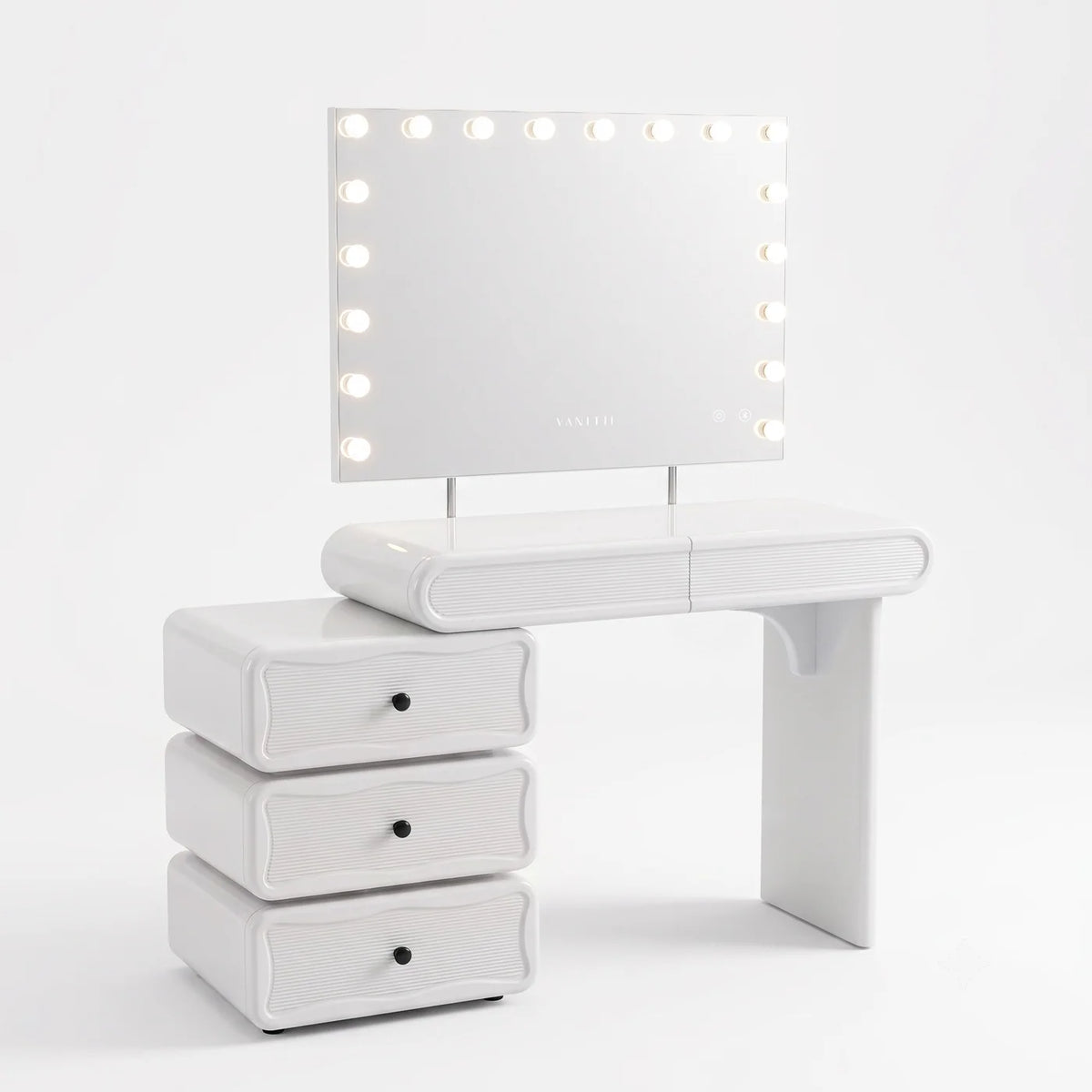 VanitiSet Vega | Extendable Vanity Table in High Gloss & 18 Bulb Bluetooth Mirror