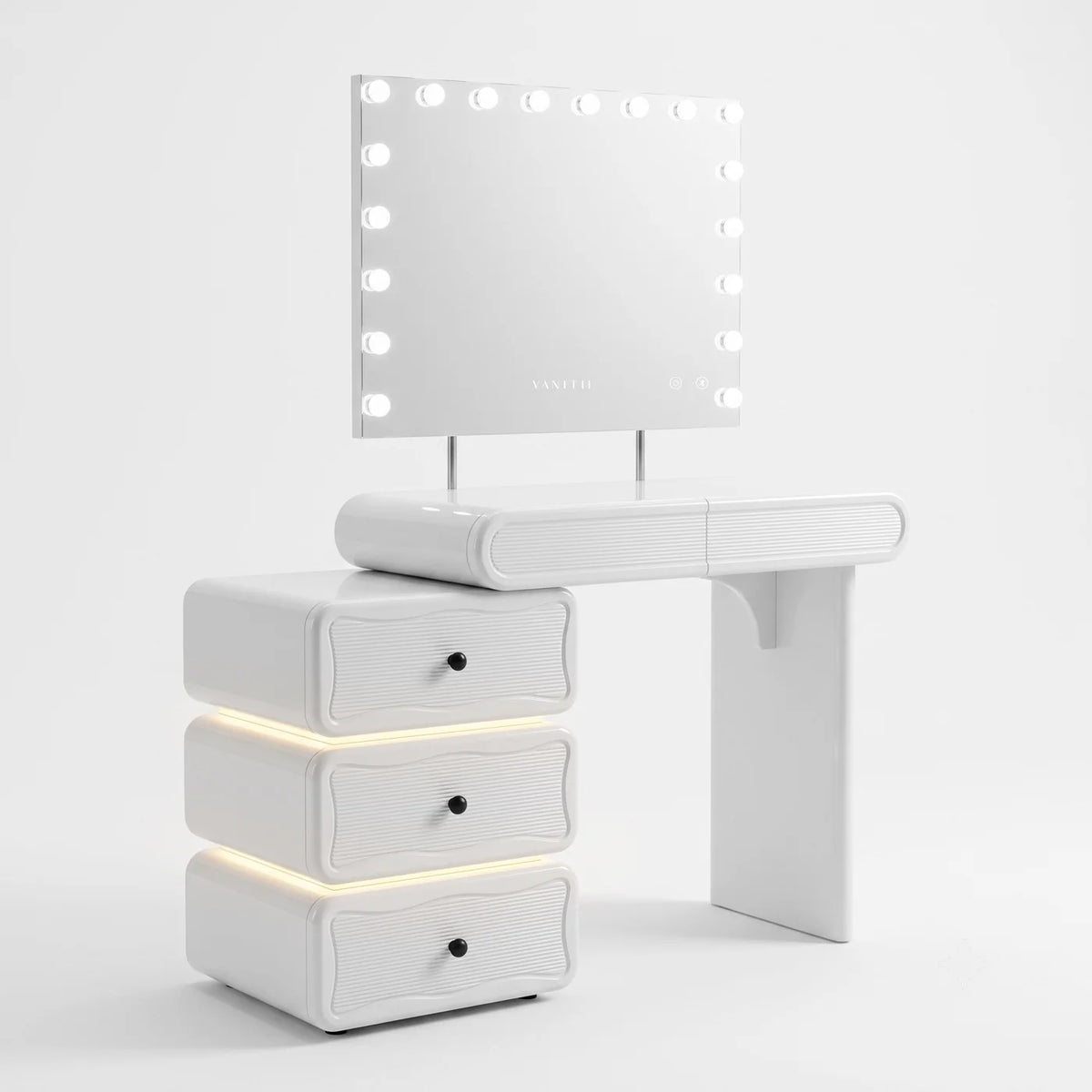VanitiSet Vega | Extendable Vanity Table in High Gloss & 18 Bulb Bluetooth Mirror