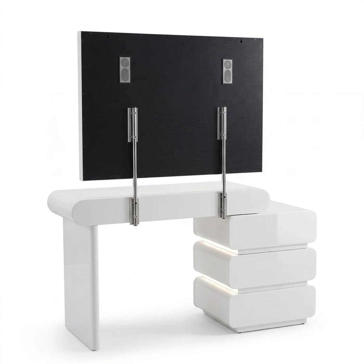 VanitiSet Vega | Extendable Vanity Table in High Gloss & 18 Bulb Bluetooth Mirror