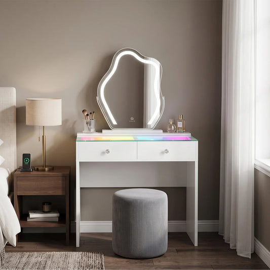 VanitiSet Mira Trio | 2 Drawer Desk, Bluetooth LED Mirror & Corduroy Stool