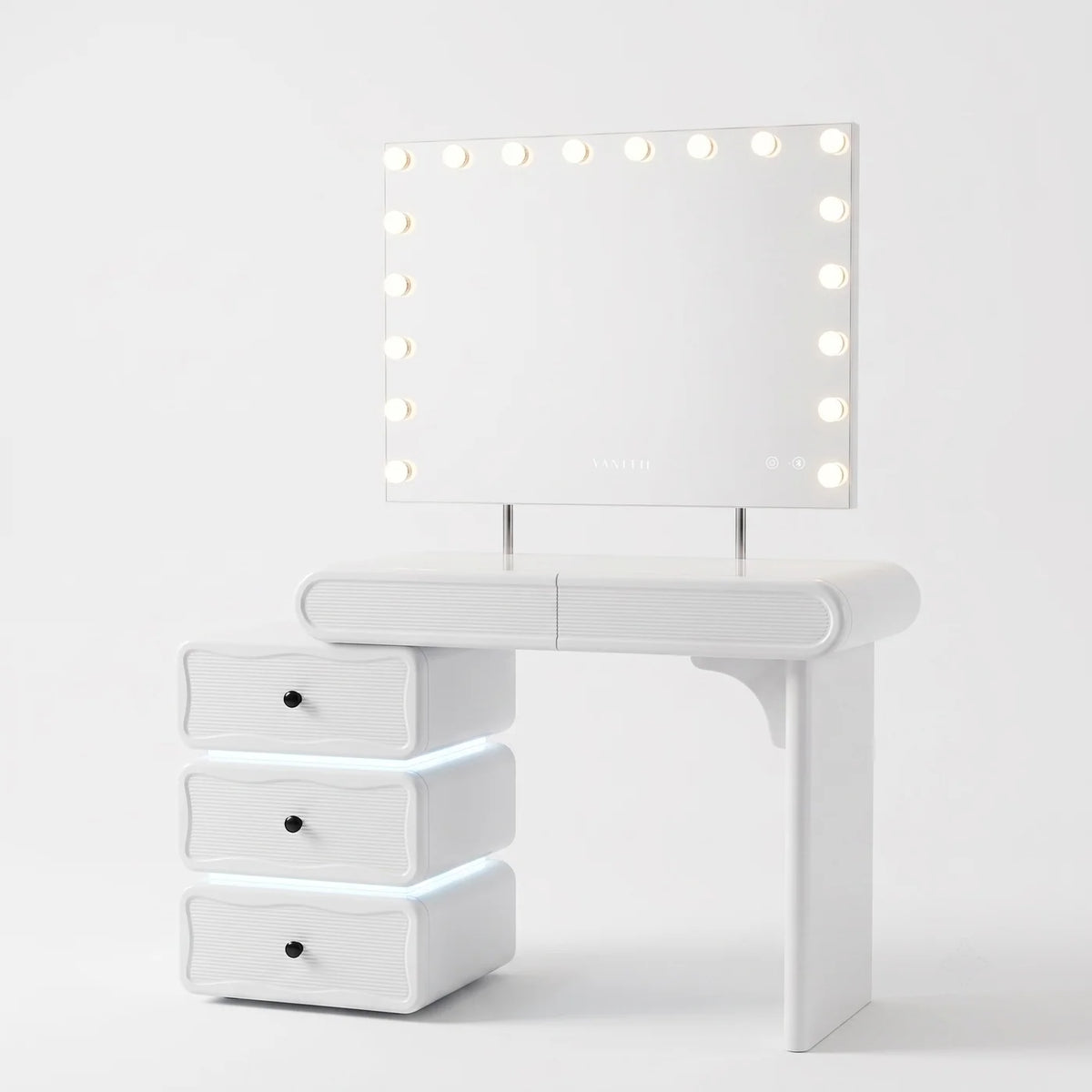 VanitiSet Vega | Extendable Vanity Table in High Gloss & 18 Bulb Bluetooth Mirror