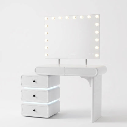 VanitiSet Vega | Extendable Vanity Table in High Gloss & 18 Bulb Bluetooth Mirror