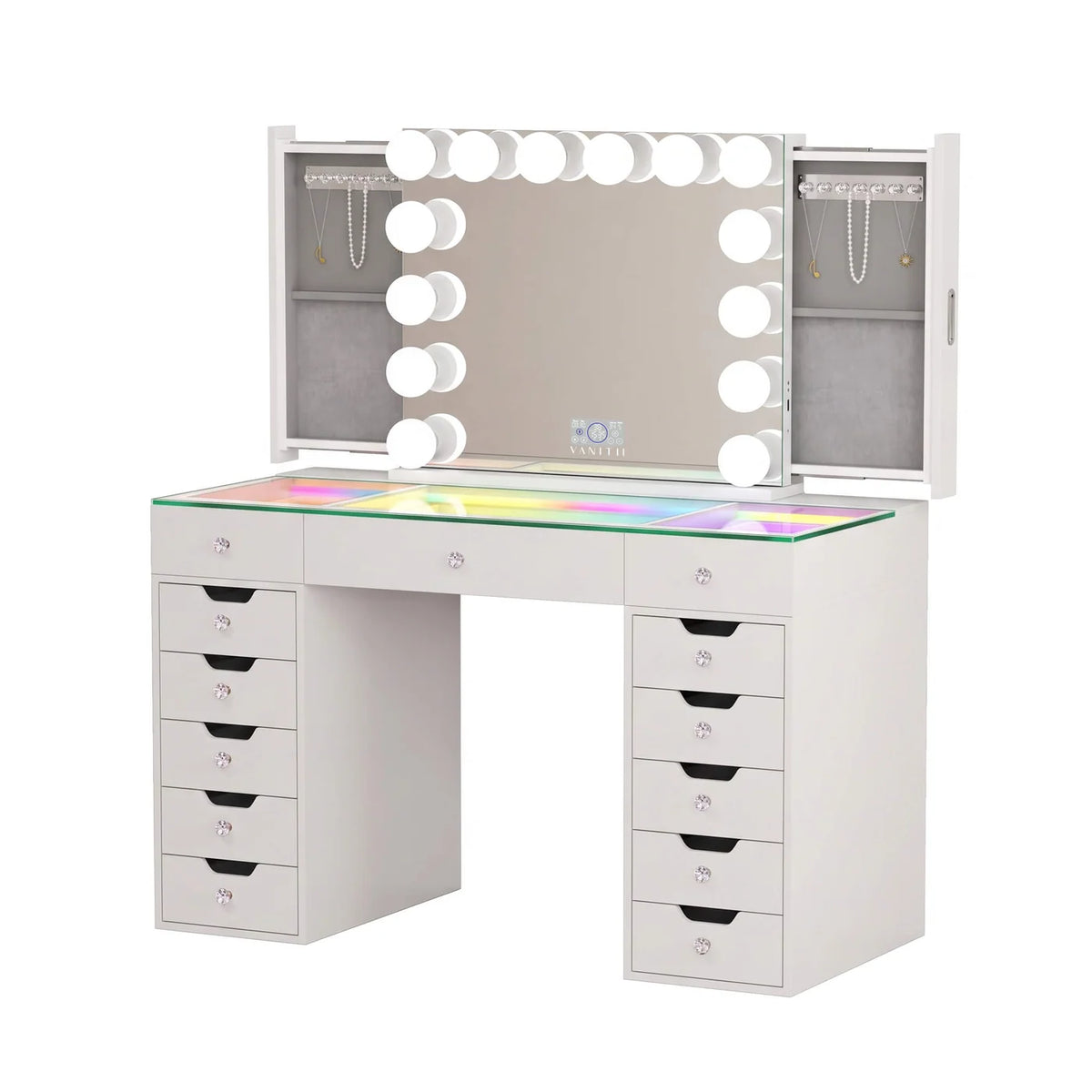 VanitiSet Pro Atelier | Makeup Vanity with Jewelry Storage, 13 Drawer Desk & 14 Bulb Mirror