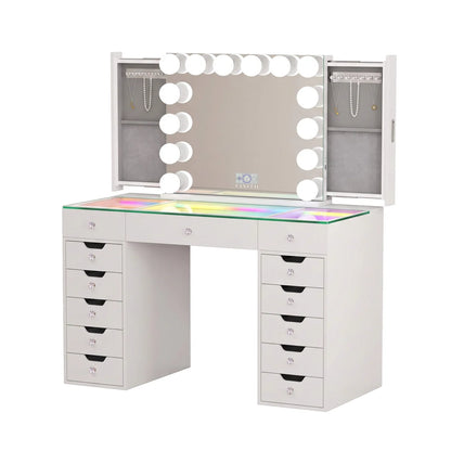 VanitiSet Pro Atelier | Makeup Vanity with Jewelry Storage, 13 Drawer Desk & 14 Bulb Mirror