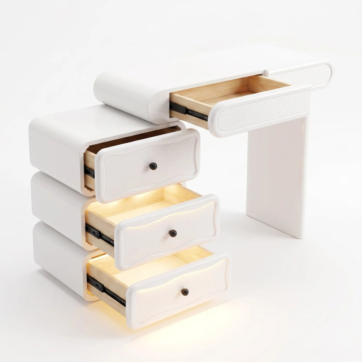VanitiSet Vega | Extendable Vanity Table in High Gloss & 18 Bulb Bluetooth Mirror