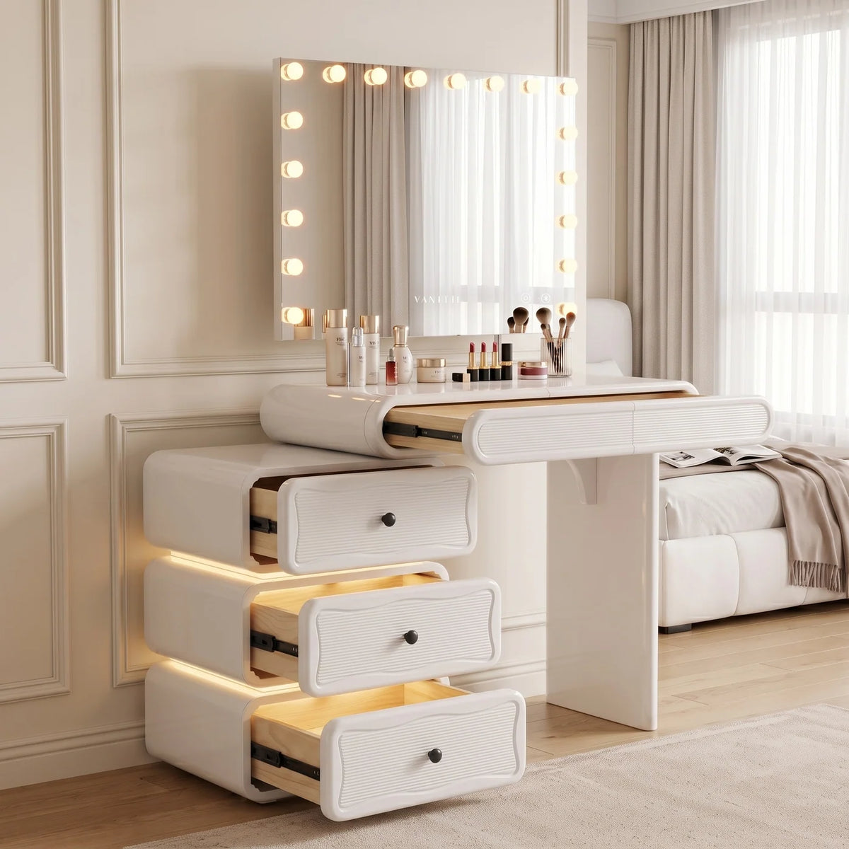 VanitiSet Vega | Extendable Vanity Table in High Gloss & 18 Bulb Bluetooth Mirror
