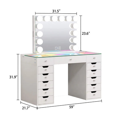 VanitiSet Pro Atelier | Makeup Vanity with Jewelry Storage, 13 Drawer Desk & 14 Bulb Mirror