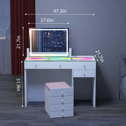 VanitiSet Reveal | Lift-Top LED Mirror, RGB Glass Top Vanity Desk, Hidden Stool, White
