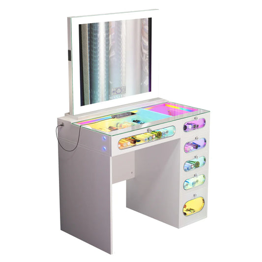 VanitiSet Nova Circle | LED Vanity Desk and Hollywood Bluetooth Mirror Set