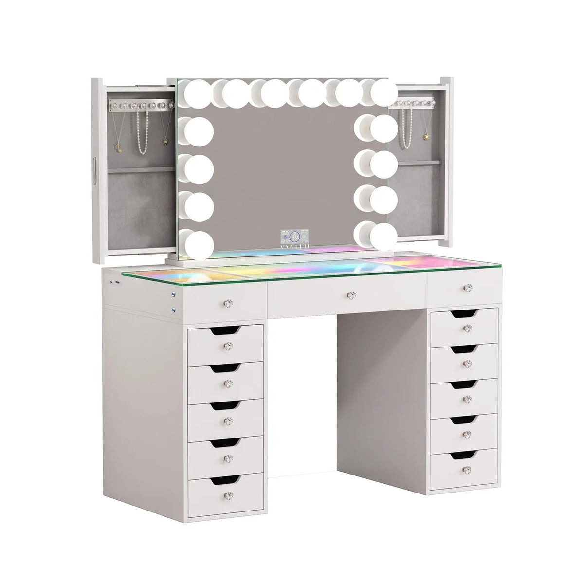 VanitiSet Pro Atelier | Makeup Vanity with Jewelry Storage, 13 Drawer Desk & 14 Bulb Mirror
