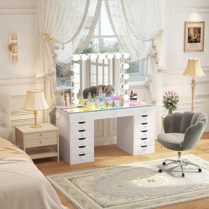 VanitiSet Pro Ultimate | 59" Glass Top Vanity Set with 15-Bulb Hollywood Mirror, 13 Drawers, RGB Lights & Swivel Chair