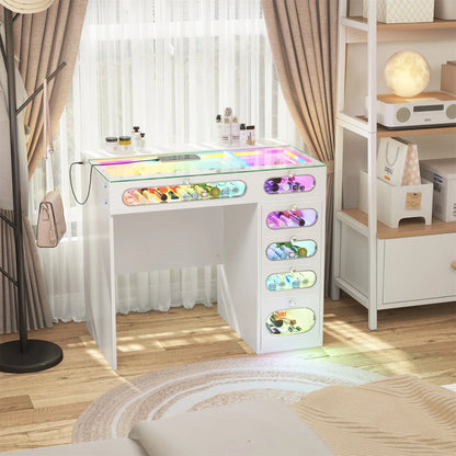 VanitiBar Nova Circle | 36 Inch Desk with 6 Glass-Front Drawers & RGB Lights