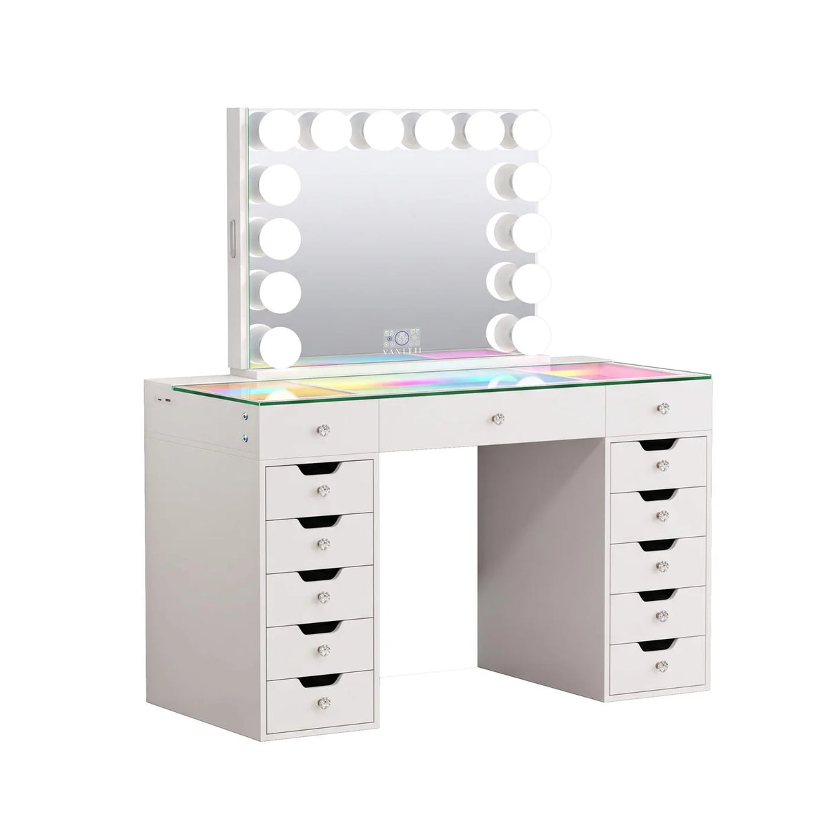 VanitiSet Pro Atelier | Makeup Vanity with Jewelry Storage, 13 Drawer Desk & 14 Bulb Mirror