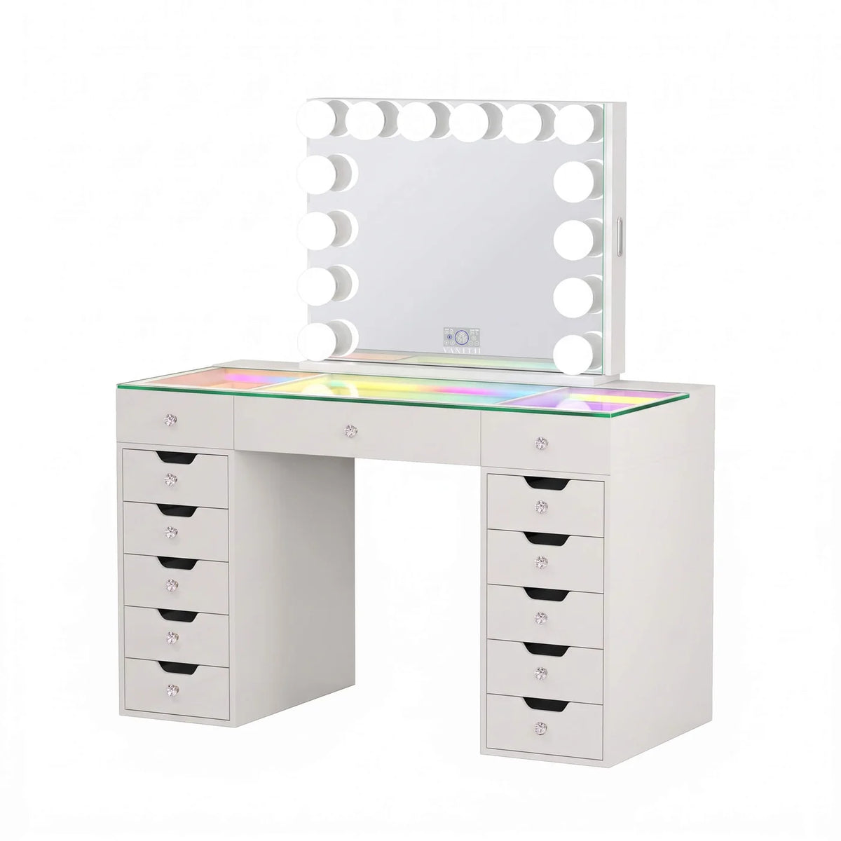 VanitiSet Pro Atelier | Makeup Vanity with Jewelry Storage, 13 Drawer Desk & 14 Bulb Mirror
