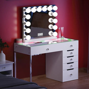 VanitiSet Halo | 47 Inch Vanity Mirror and Desk Set, RGB LED Glass, Pink, White & Black