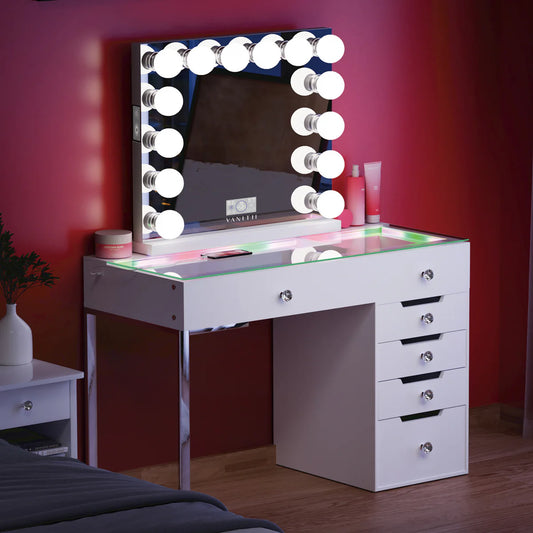 VanitiSet Halo | 47 Inch Vanity Mirror and Desk Set, RGB LED Glass, Pink, White & Black