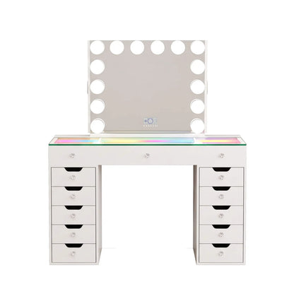 VanitiSet Pro Atelier | Makeup Vanity with Jewelry Storage, 13 Drawer Desk & 14 Bulb Mirror