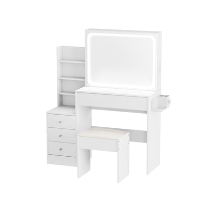 Vanity Table with LED Mirror, Adjustable Lighting, Storage, and Stool - LP Replenish