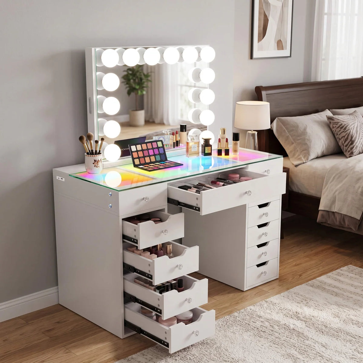 VanitiSet Pro Atelier | Makeup Vanity with Jewelry Storage, 13 Drawer Desk & 14 Bulb Mirror
