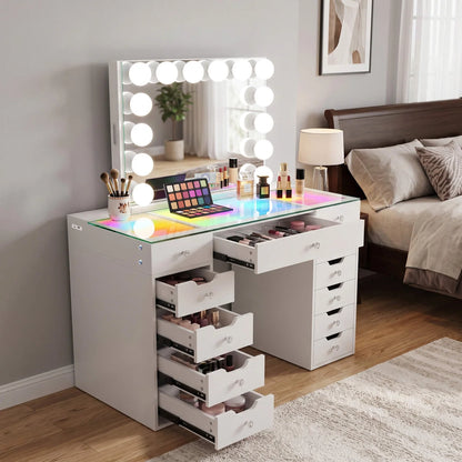 VanitiSet Pro Atelier | Makeup Vanity with Jewelry Storage, 13 Drawer Desk & 14 Bulb Mirror