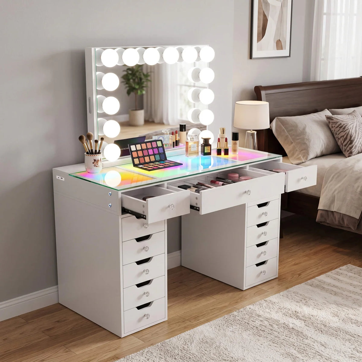 VanitiSet Pro Atelier | Makeup Vanity with Jewelry Storage, 13 Drawer Desk & 14 Bulb Mirror
