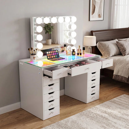 VanitiSet Pro Atelier | Makeup Vanity with Jewelry Storage, 13 Drawer Desk & 14 Bulb Mirror