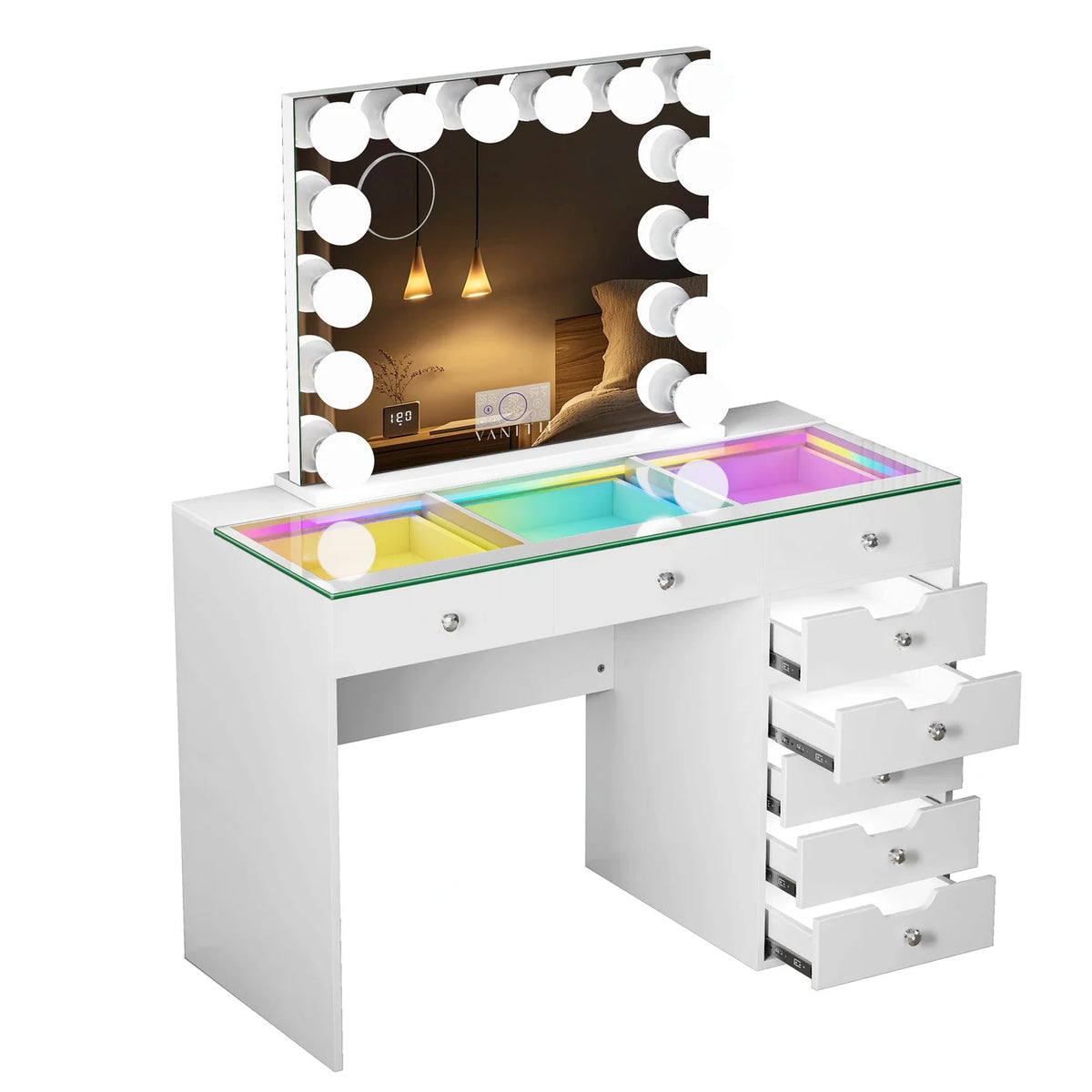 VanitiSet Pixie Gleam | 8 Drawer Desk with Lighted Drawers & 14 Bulb Mirror
