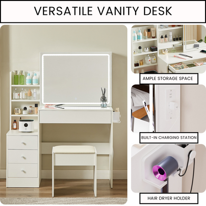 Vanity Table with LED Mirror, Adjustable Lighting, Storage, and Stool - LP Replenish