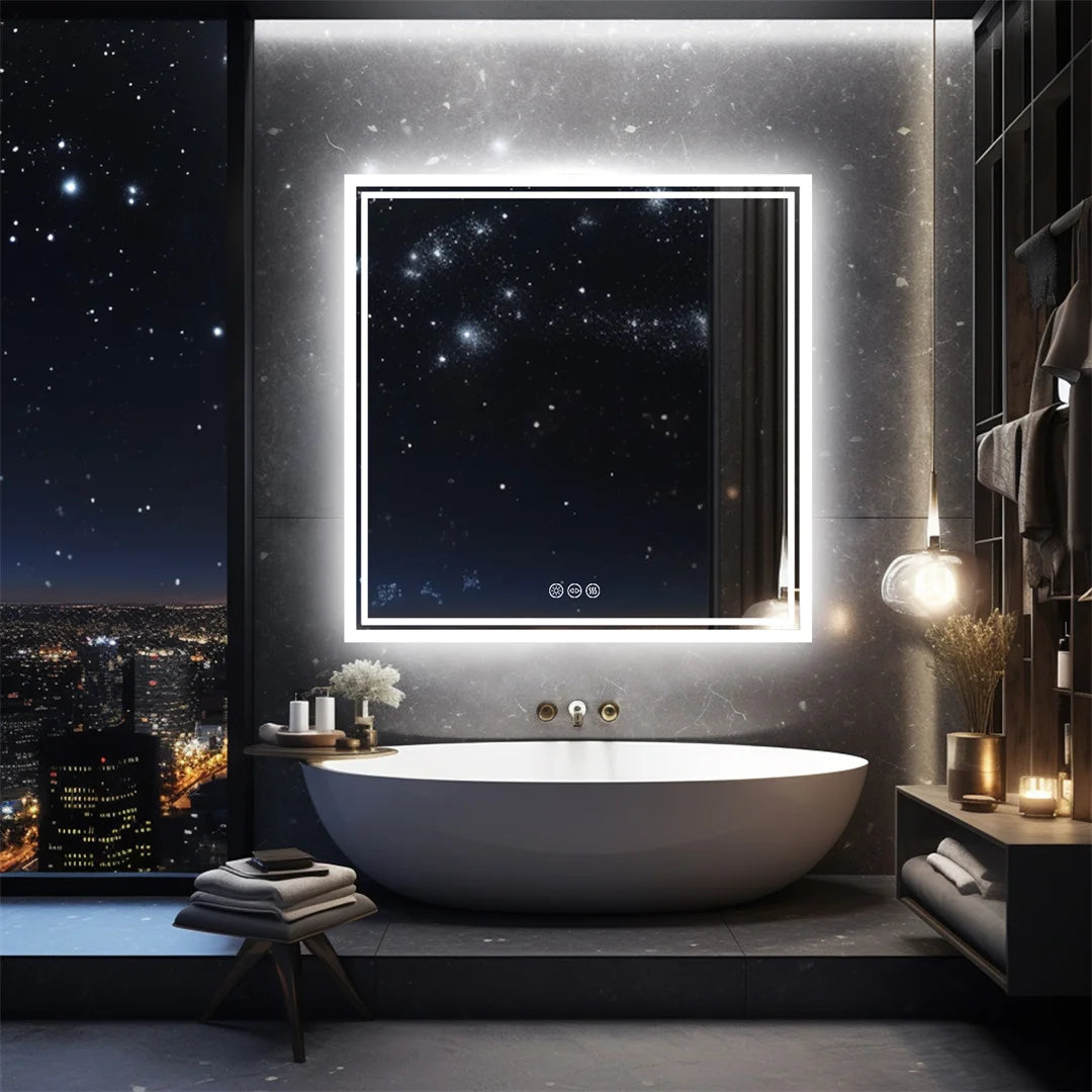 Wall-Mounted Square LED Bathroom Mirror with Anti-Fog and Dimmable Lights, 28 Inch - LP Replenish