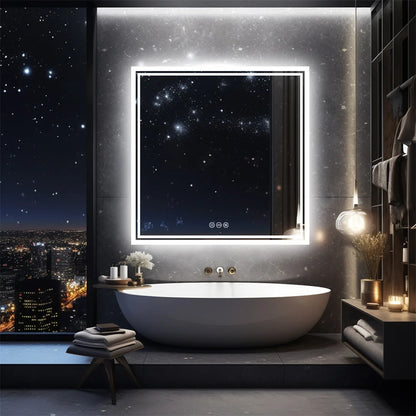 Wall-Mounted Square LED Bathroom Mirror with Anti-Fog and Dimmable Lights, 28 Inch - LP Replenish