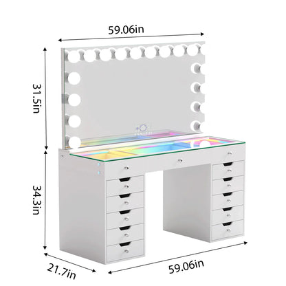 VanitiSet Lumina | Hollywood Vanity Desk with LED Mirror 59", RGB Glass Top, 13 Drawer