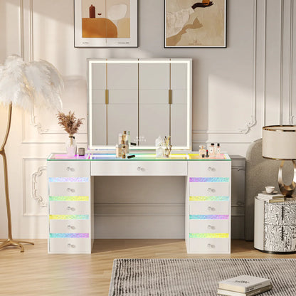 VanitiSet Lyra | Makeup Vanity with Outlet, RGB Light, Rippled Drawers & 3-Tone LED Mirror