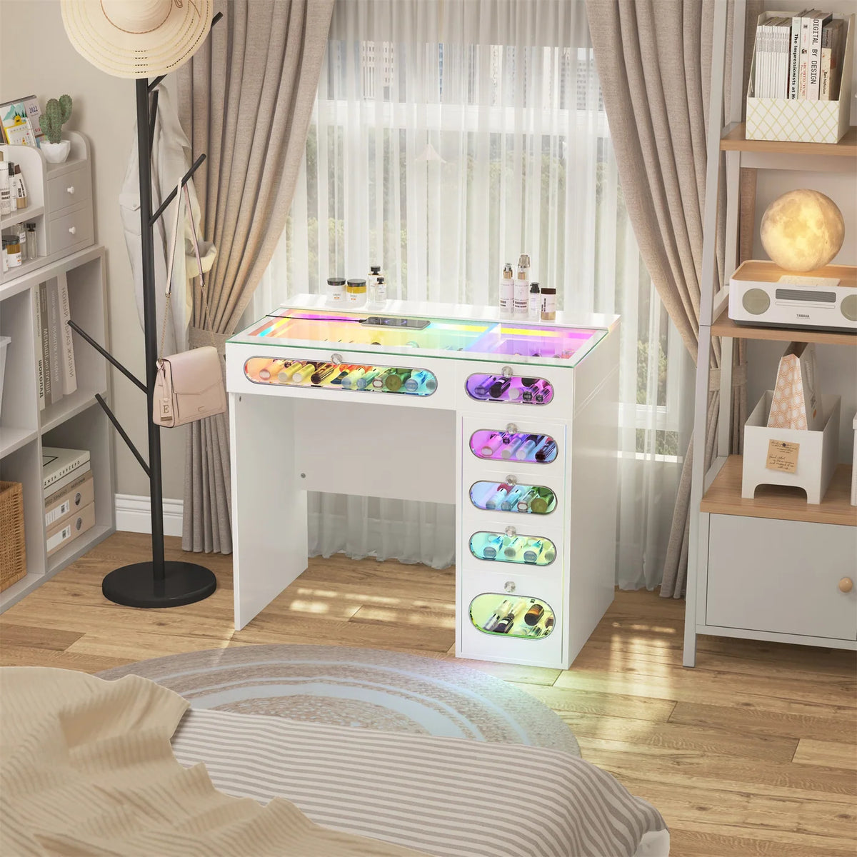 VanitiBar Nova Circle | 36 Inch Desk with 6 Glass-Front Drawers & RGB Lights