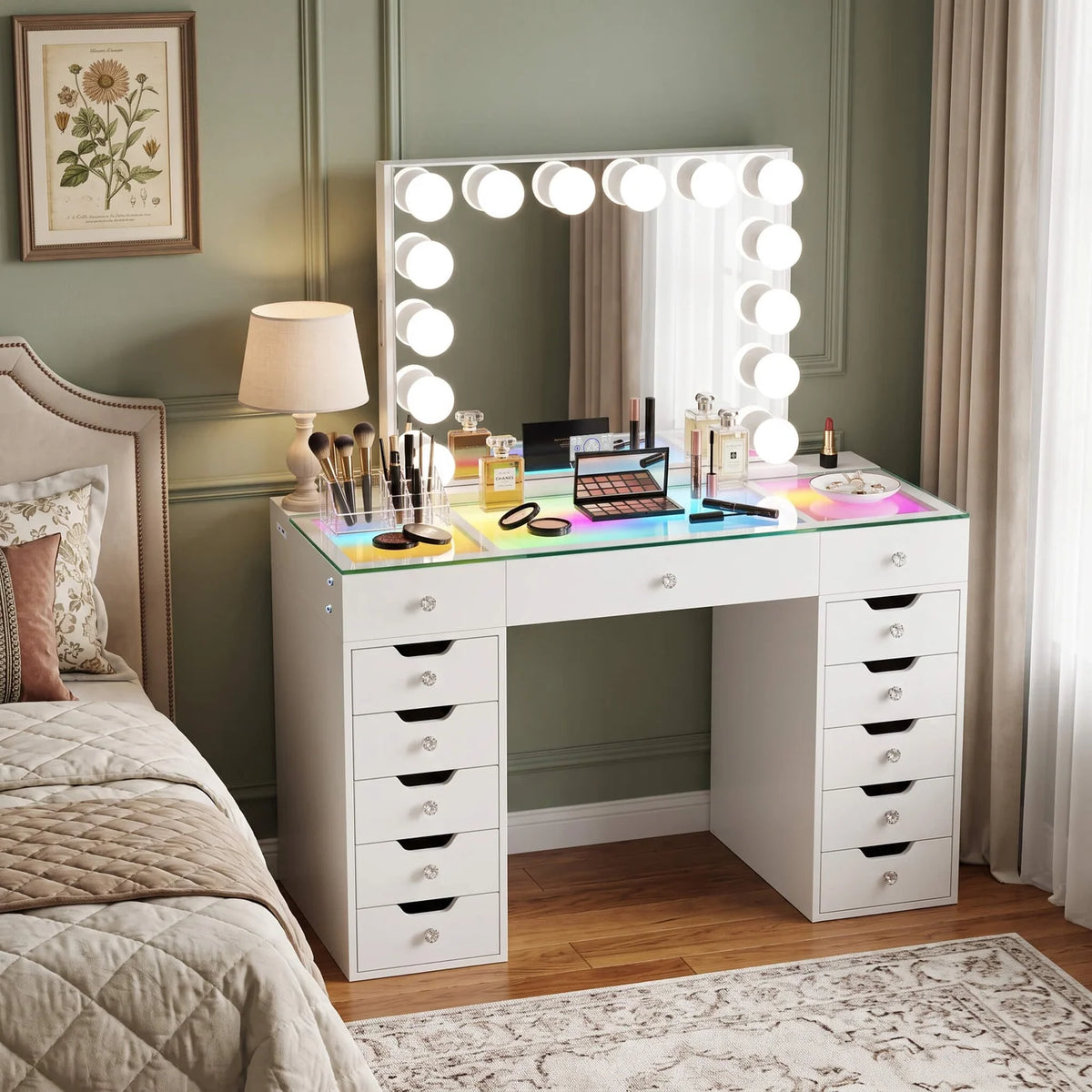 VanitiSet Pro Atelier | Makeup Vanity with Jewelry Storage, 13 Drawer Desk & 14 Bulb Mirror