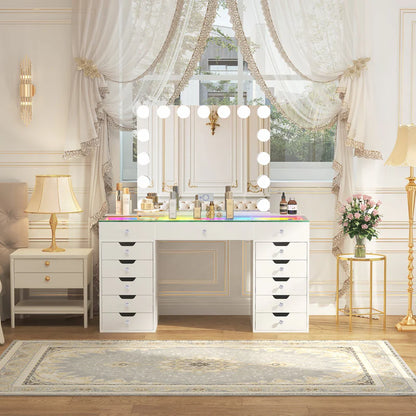 VanitiSet Pro Ultimate | 59" Glass Top Vanity Set with 15-Bulb Hollywood Mirror, 13 Drawers, RGB Lights & Swivel Chair