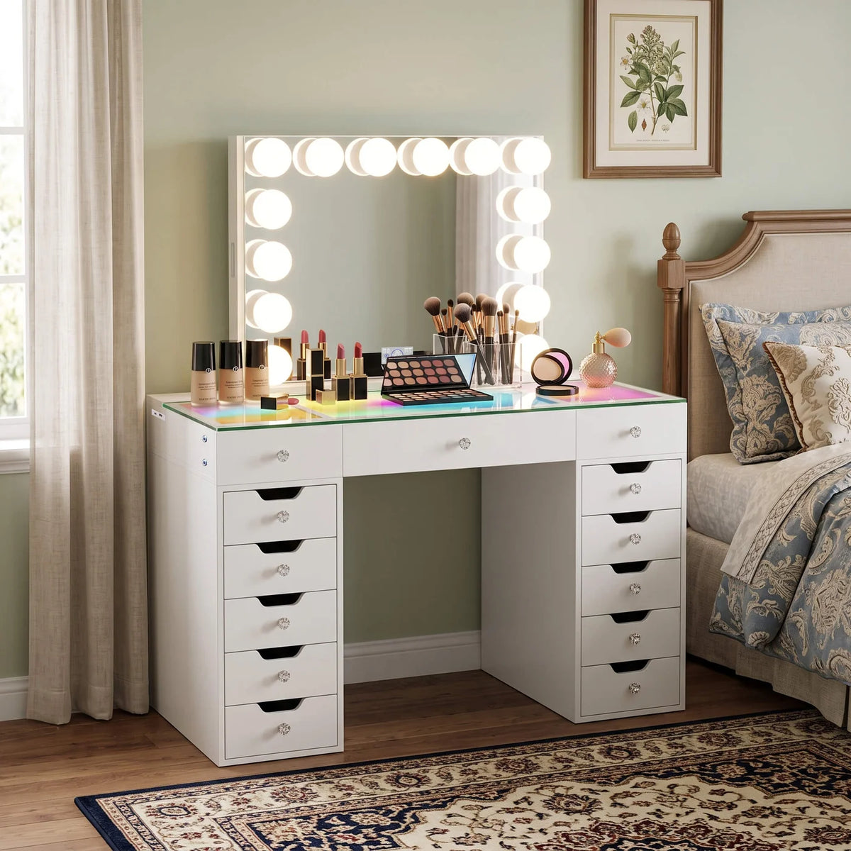 VanitiSet Pro Atelier | Makeup Vanity with Jewelry Storage, 13 Drawer Desk & 14 Bulb Mirror