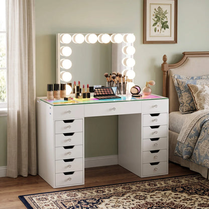 VanitiSet Pro Atelier | Makeup Vanity with Jewelry Storage, 13 Drawer Desk & 14 Bulb Mirror