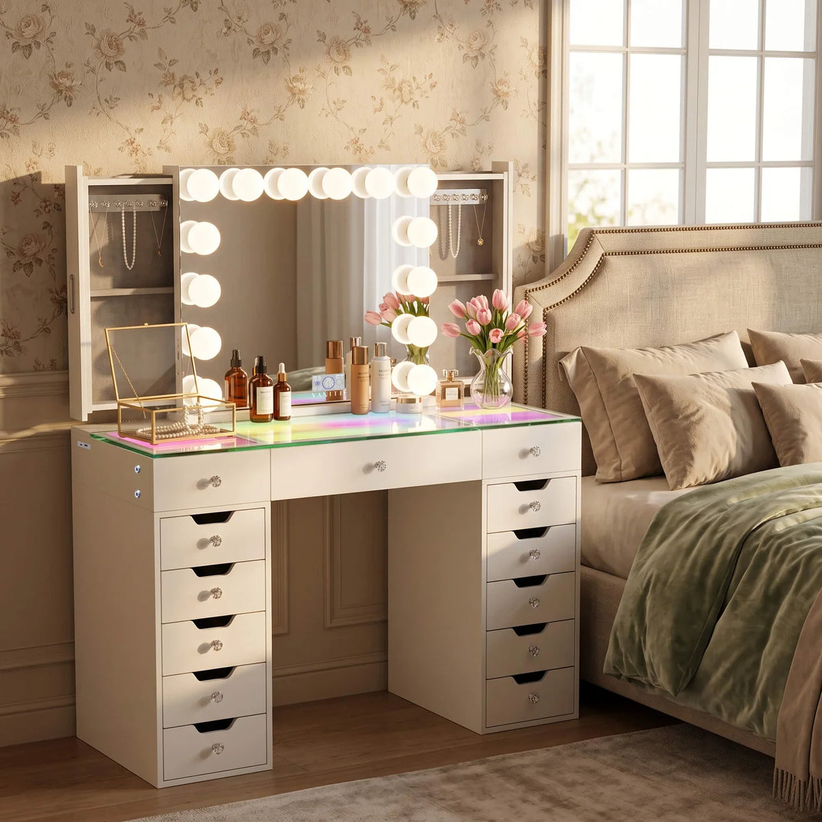 VanitiSet Pro Atelier | Makeup Vanity with Jewelry Storage, 13 Drawer Desk & 14 Bulb Mirror