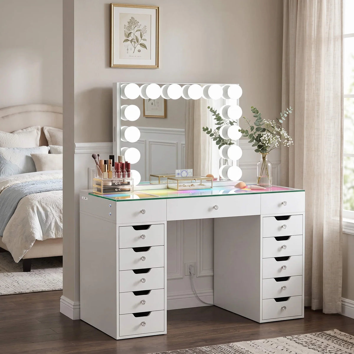 VanitiSet Pro Atelier | Makeup Vanity with Jewelry Storage, 13 Drawer Desk & 14 Bulb Mirror