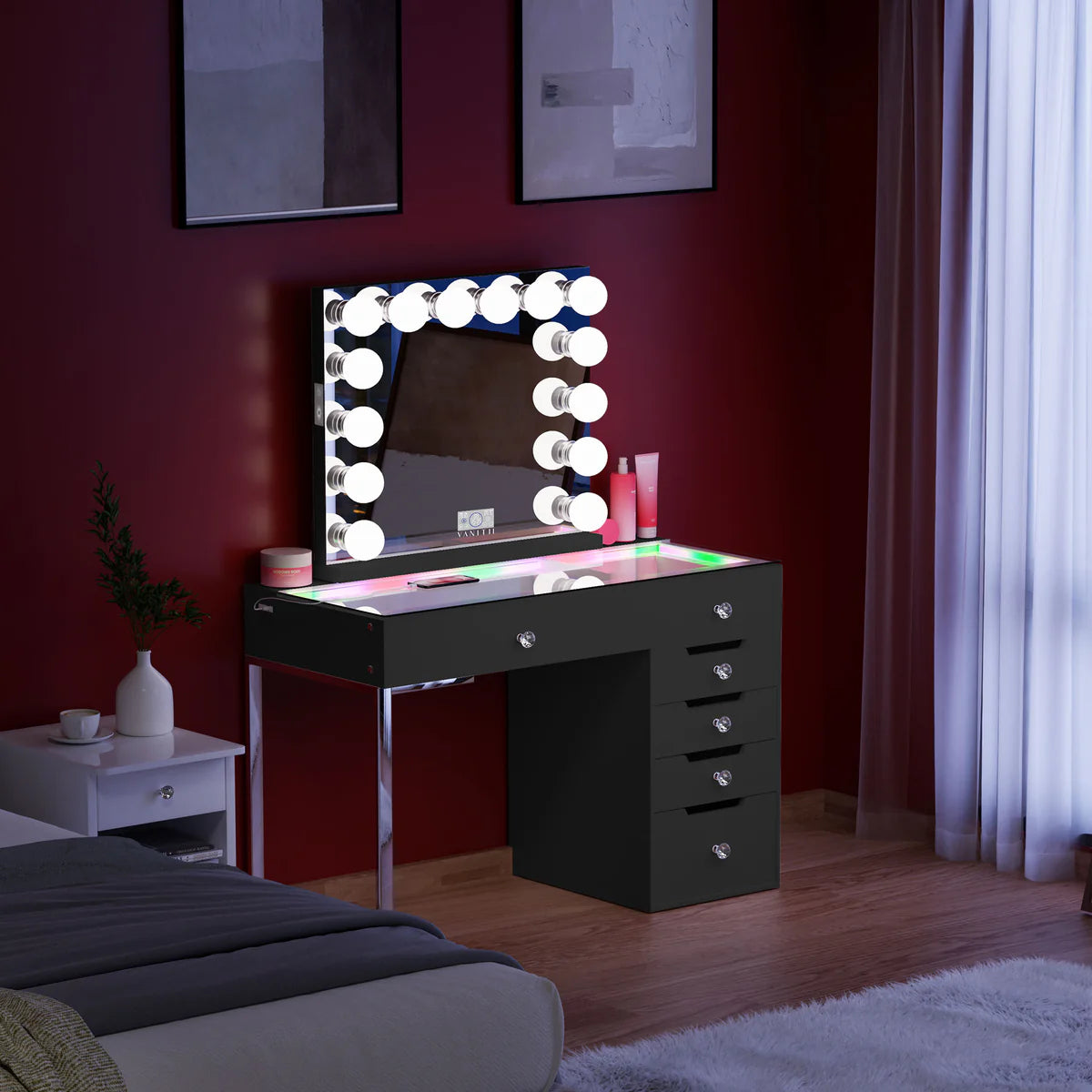 VanitiSet Halo | 47 Inch Vanity Mirror and Desk Set, RGB LED Glass, Pink, White & Black