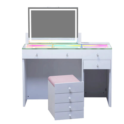 VanitiSet Reveal | Lift-Top LED Mirror, RGB Glass Top Vanity Desk, Hidden Stool, White