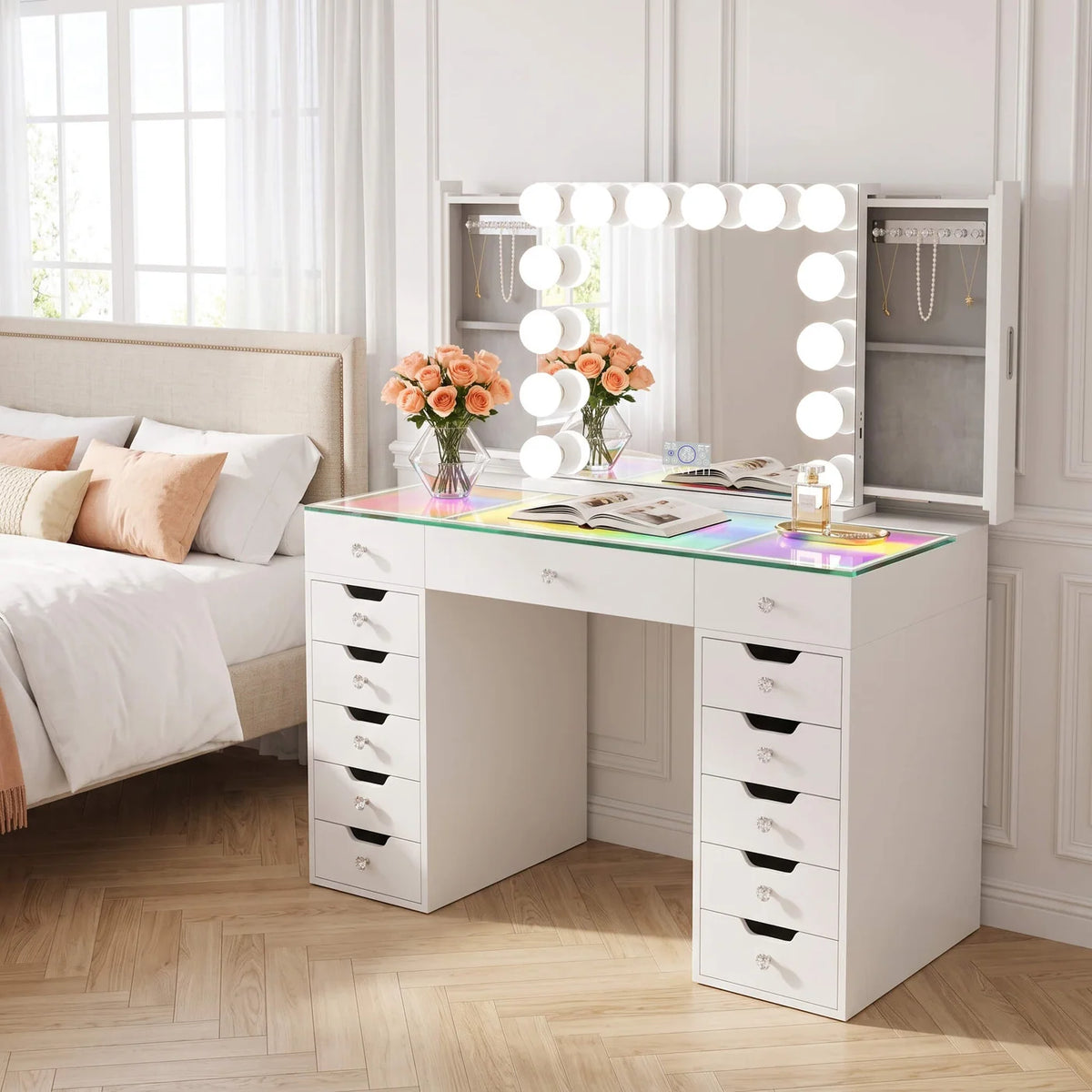 VanitiSet Pro Atelier | Makeup Vanity with Jewelry Storage, 13 Drawer Desk & 14 Bulb Mirror