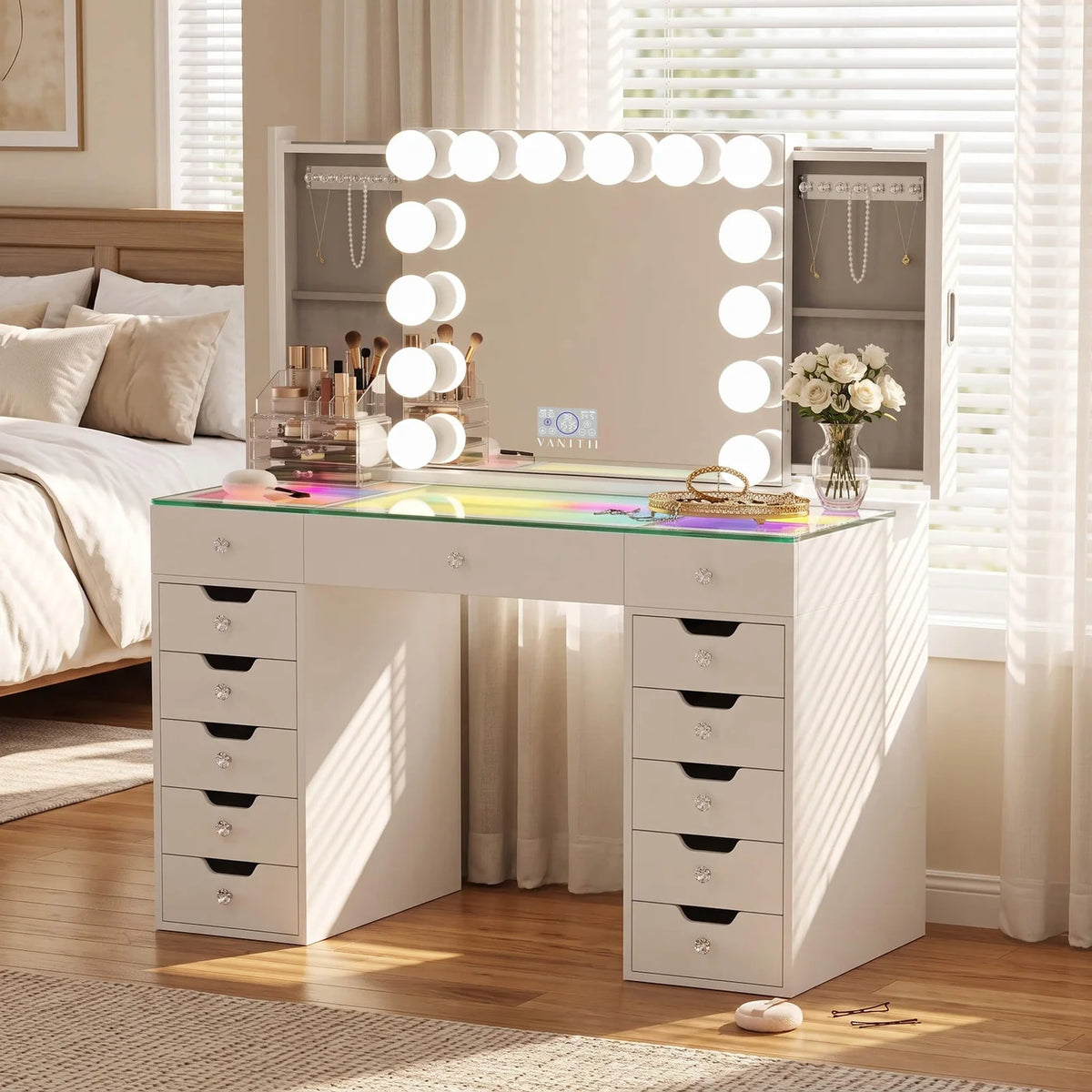 VanitiSet Pro Atelier | Makeup Vanity with Jewelry Storage, 13 Drawer Desk & 14 Bulb Mirror