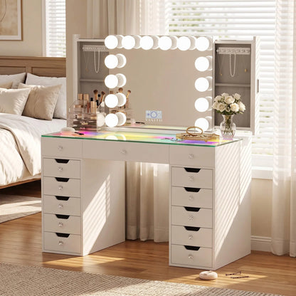 VanitiSet Pro Atelier | Makeup Vanity with Jewelry Storage, 13 Drawer Desk & 14 Bulb Mirror